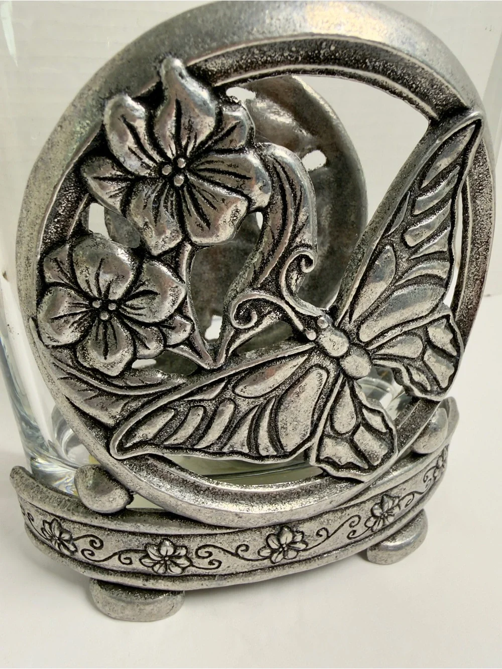 Butterfly Floral Glass Votive Holder - Silver